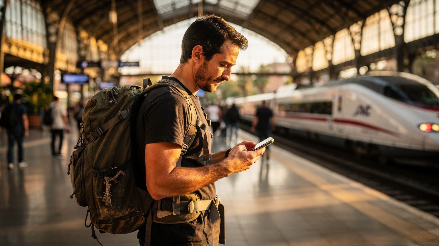 Un viajero revisa su teléfono mientras espera el tren en la Estación de Atocha en Madrid, con una mochila a sus pies y el sol de la tarde entrando por los ventanales.