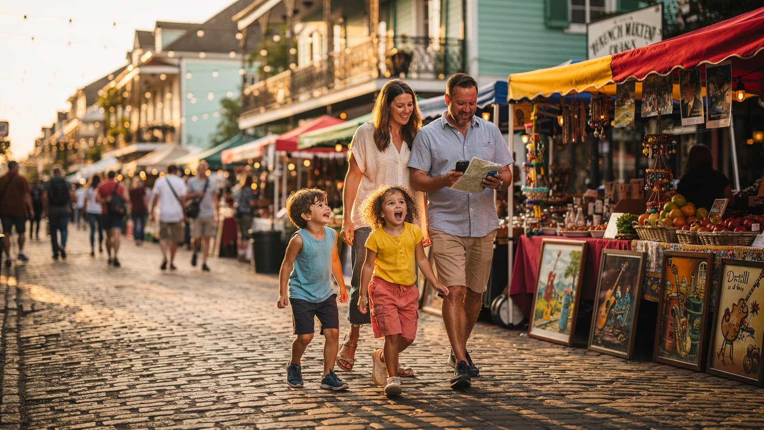 A family, including two parents and two children aged around 8 and 10, walking through a vibrant street market in New Orleans, Louisiana, during late afternoon.