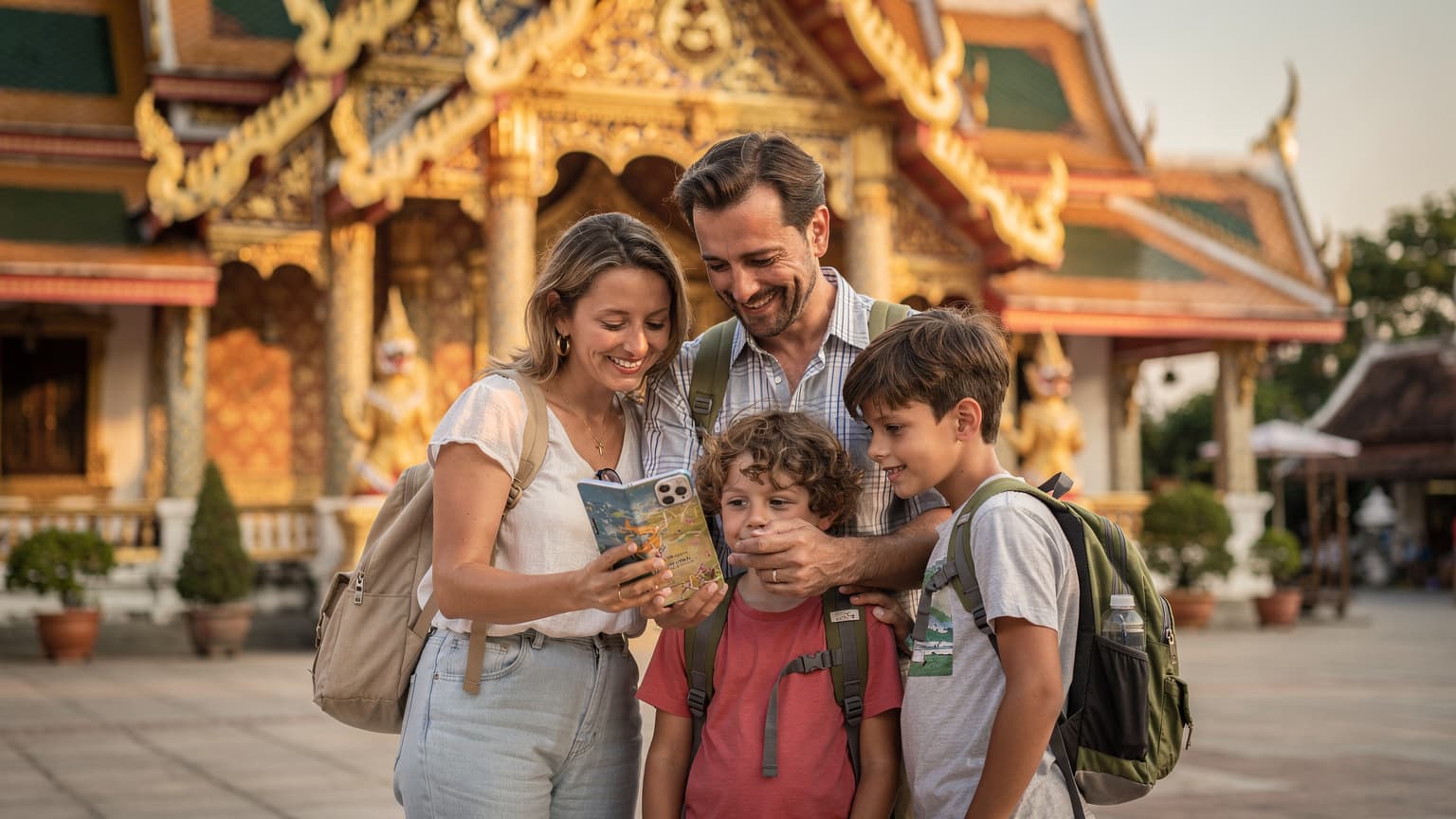 Une famille française, un père, une mère et deux enfants (4-12 ans), souriant et consultant un téléphone avec une eSIM activée devant un temple bouddhiste coloré à Chiang Mai, en Thaïlande, au lever du soleil.