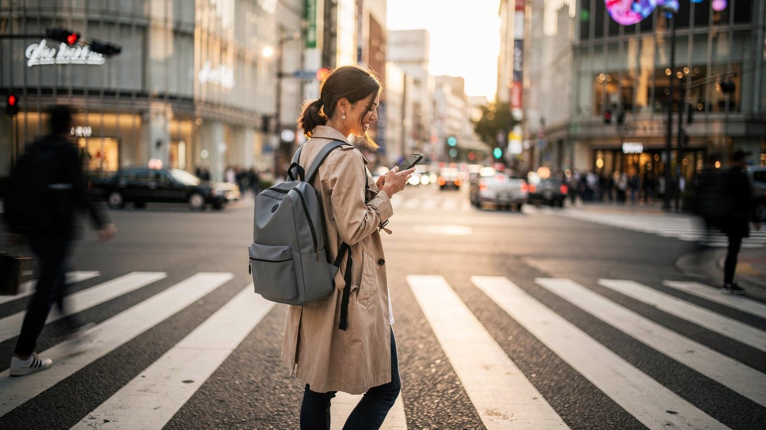 A woman confidently navigating her phone for directions on a bustling street in the Ginza district of Tokyo, with neon signs softly blurred in the background, late afternoon.