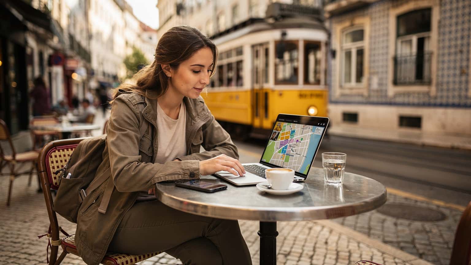 Uma mulher usando um smartphone com o mapa de Lisboa aberto, sentada na esplanada de um café tradicional no bairro da Baixa, com o bonde amarelo passando ao fundo.
