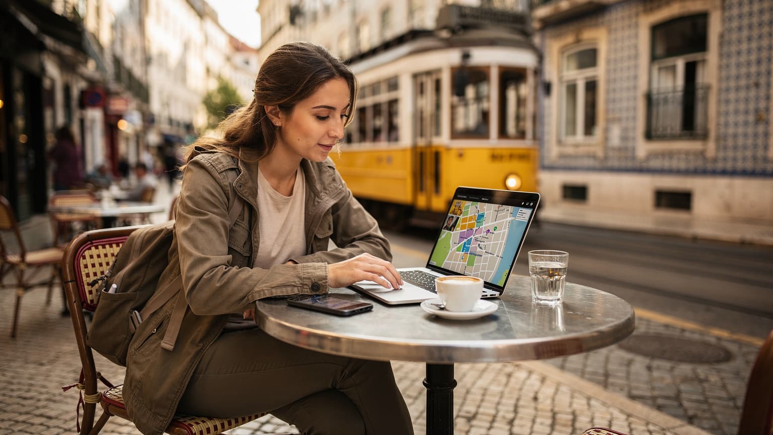 Uma mulher usando um smartphone com o mapa de Lisboa aberto, sentada na esplanada de um café tradicional no bairro da Baixa, com o bonde amarelo passando ao fundo.