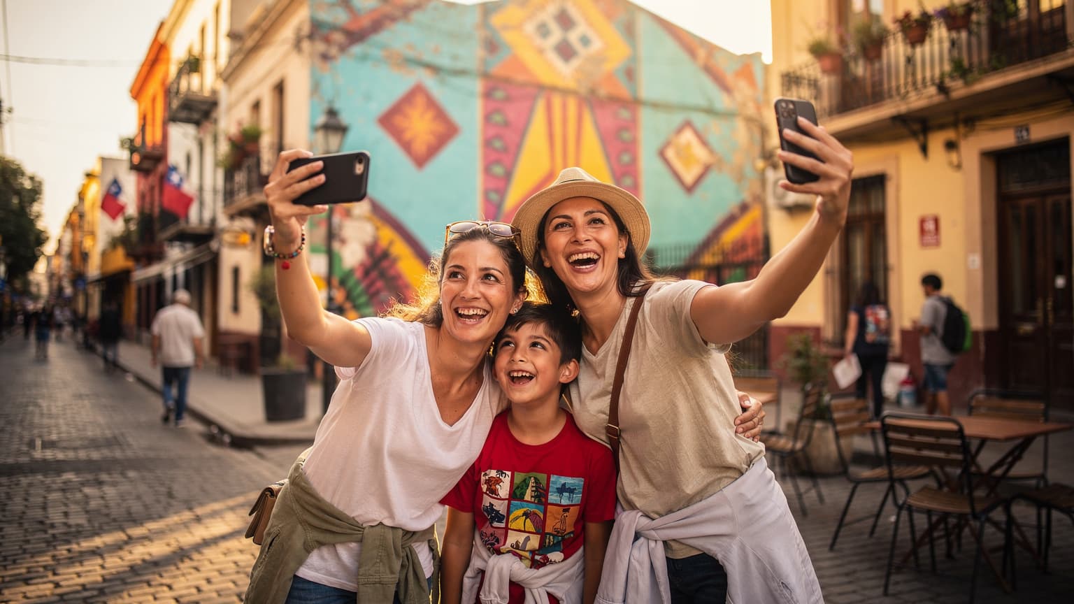 Una familia sonriente, compuesta por dos adultos y dos niños, posando frente a un colorido mural de grafitis en el barrio de Bellavista en Santiago de Chile, con sus teléfonos móviles en mano, listos para capturar y compartir el ambiente festivo.