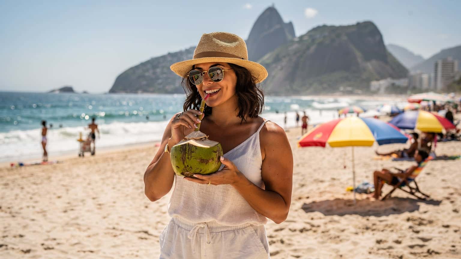 Una mujer sonriente, de unos 30 años, con gafas de sol redondas y un sombrero de paja, disfruta de un agua de coco fresca en la playa de Ipanema, Río de Janeiro, con los Dois Irmãos al fondo.