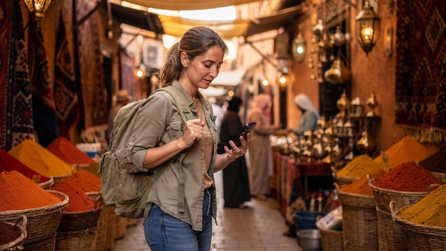 En kvinna med en iPhone 13 i handen navigerar på en livlig marknad i Marrakech, Marocko, omgiven av kryddstånd och traditionella mattor under tidig kvällssol.
