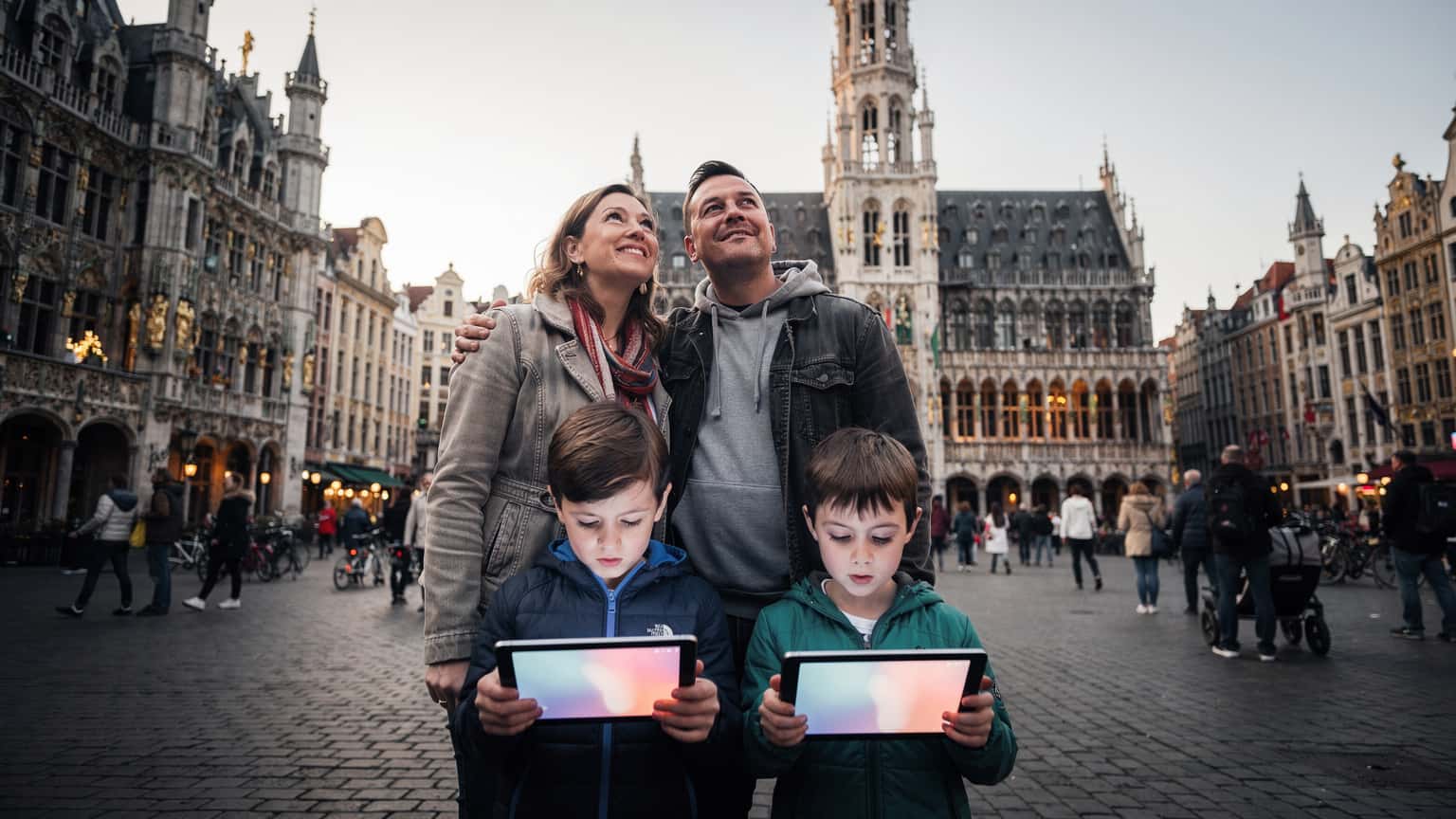 Eine junge Familie, bestehend aus zwei Eltern und zwei Kindern, die auf dem Grote Markt in Brüssel stehen und sich die historischen Gebäude ansehen, während die Kinder auf ihren Tablets spielen.
