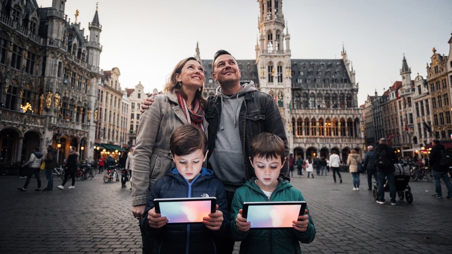 Eine junge Familie, bestehend aus zwei Eltern und zwei Kindern, die auf dem Grote Markt in Brüssel stehen und sich die historischen Gebäude ansehen, während die Kinder auf ihren Tablets spielen.