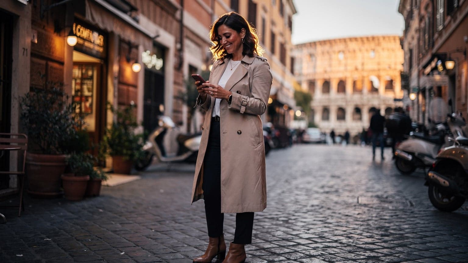 Una donna italiana sorride mentre naviga sul suo smartphone, con il Colosseo di Roma sullo sfondo al tramonto, illuminato da una luce calda e dorata.