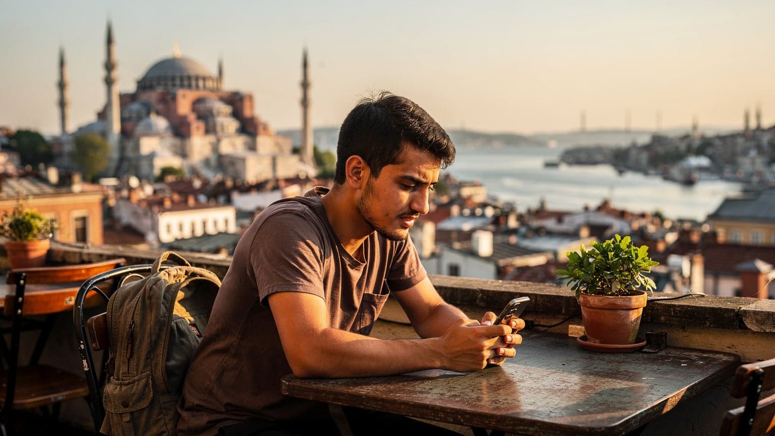 İstanbul'da tarihi yarımada manzarası eşliğinde bir kafede elinde akıllı telefon tutan bir gezgin, dijital harita üzerinde rotasını kontrol ediyor.