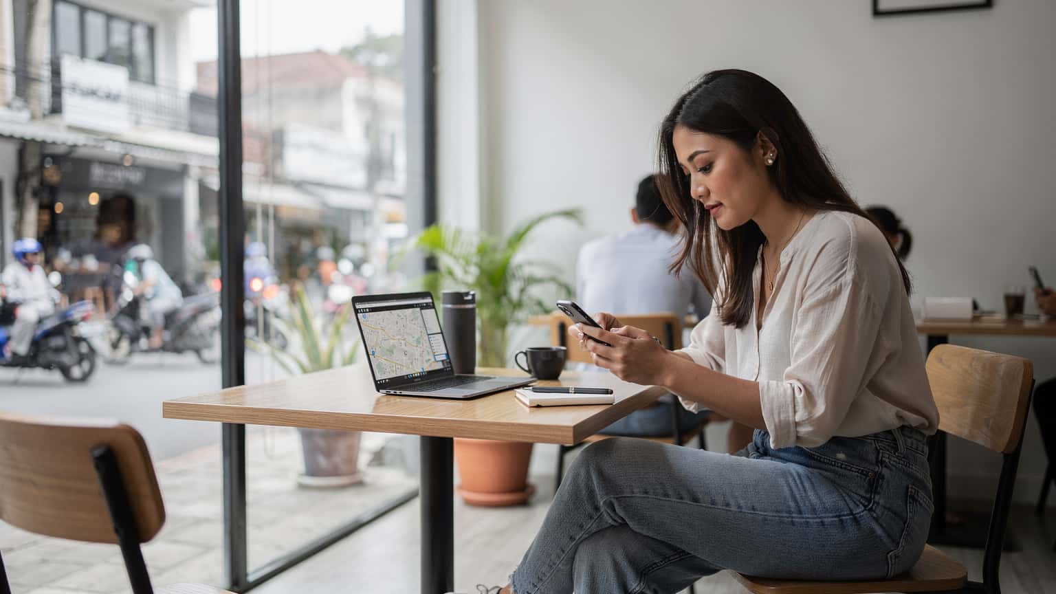 Seorang wanita muda memegang iPhone sambil melihat peta digital di sebuah kafe moden di Jakarta, dengan latar belakang jalan yang sibuk dan bangunan pencakar langit.