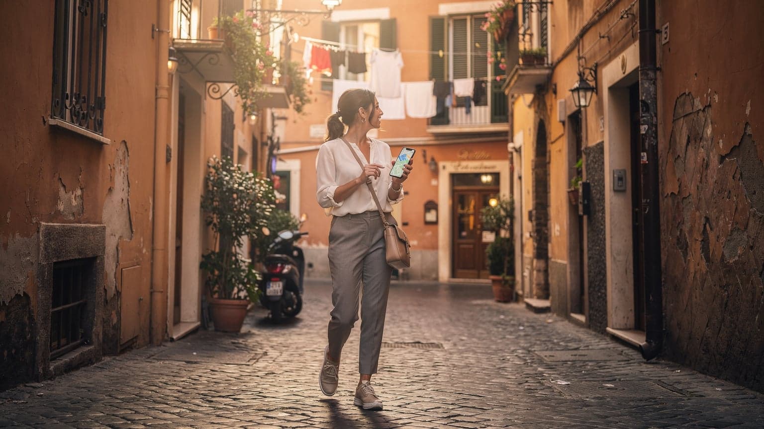 A woman confidently holds her smartphone, displaying a digital map, as she navigates the charming, narrow cobblestone streets of Rome's Trastevere district, bathed in the soft glow of late afternoon sun.