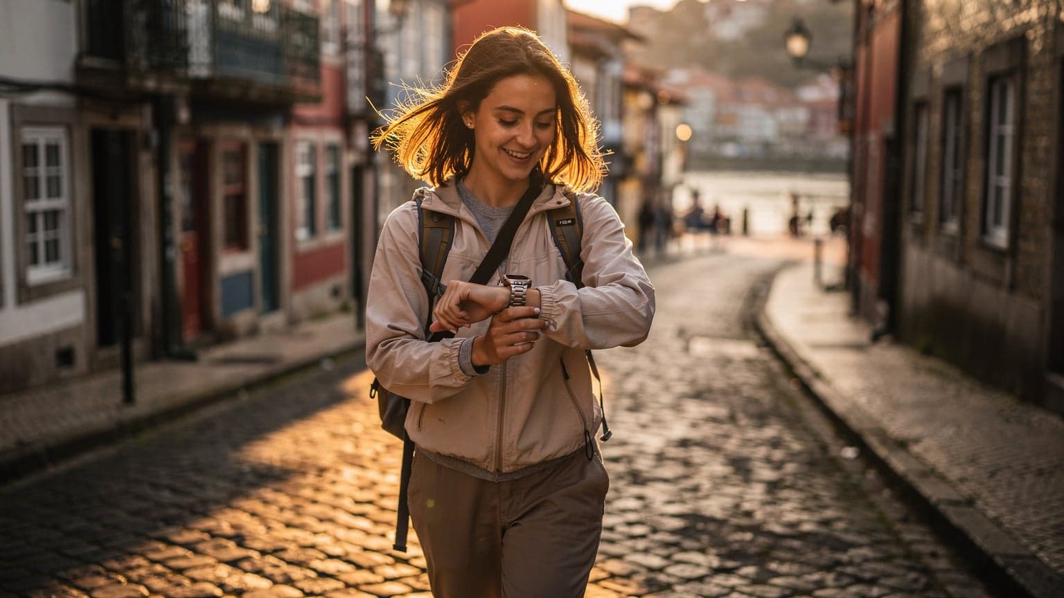 Eine junge Frau mit einer Apple Watch Ultra am Handgelenk navigiert durch die engen Gassen von Porto bei Sonnenuntergang, das Handy bleibt in der Tasche.