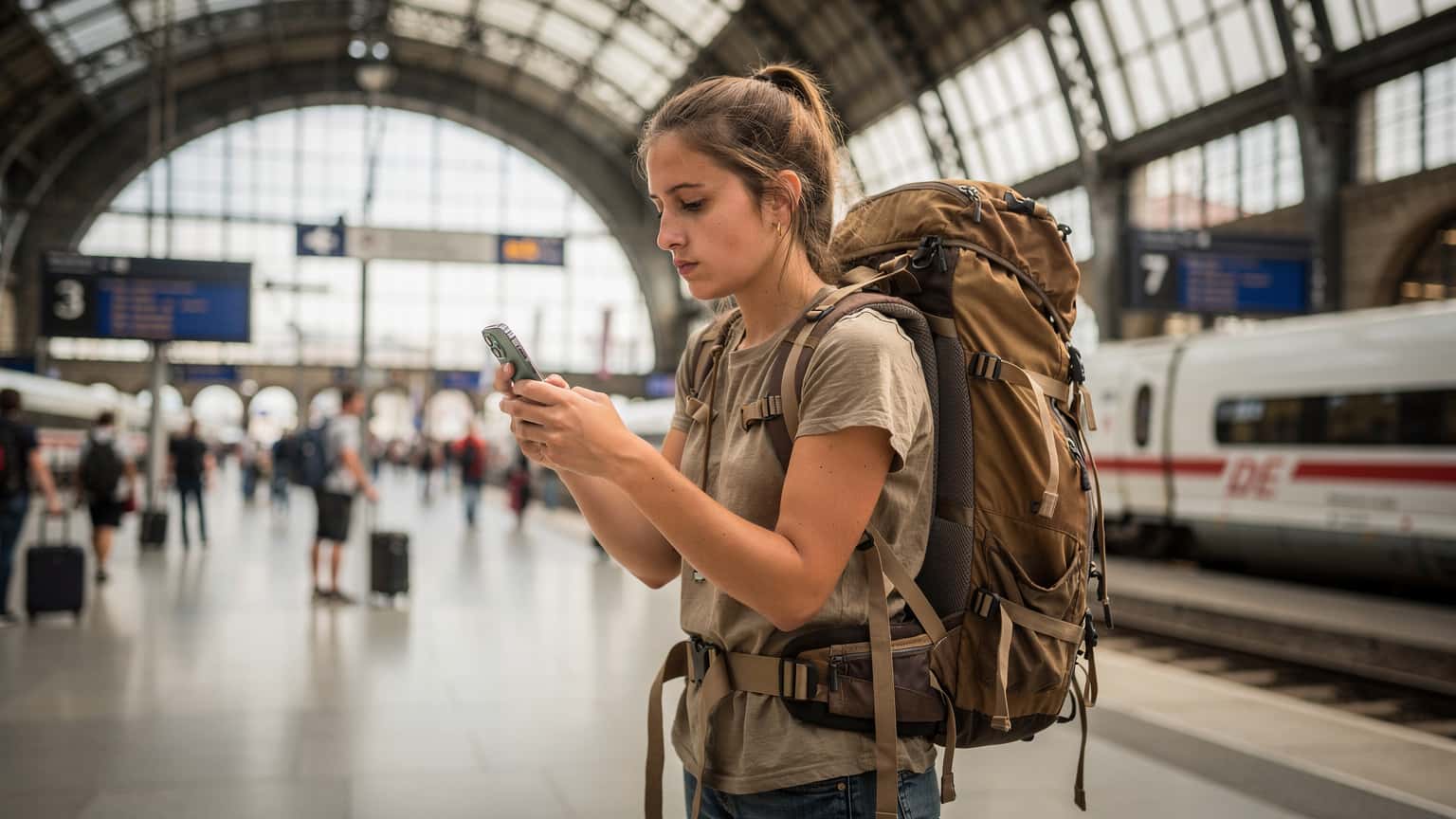 Una joven mochilera con una mochila grande consulta su smartphone en la estación central de trenes de Múnich, con trenes ICE de fondo, revisando su conexión eSIM.