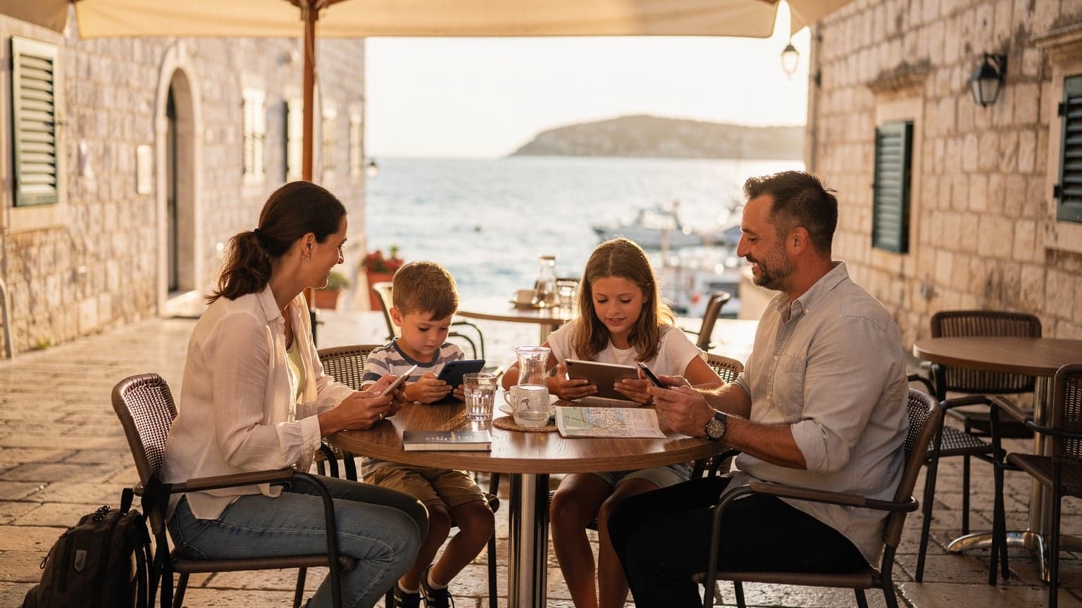 Eine Familie mit zwei Kindern im Alter von etwa 8 und 10 Jahren sitzt an einem Außentisch eines charmanten Cafés in Split, Kroatien, mit Blick auf das Meer. Die Kinder schauen auf ihre Tablets, während die Eltern ihre Smartphones benutzen, um einen Ausflug zu planen.