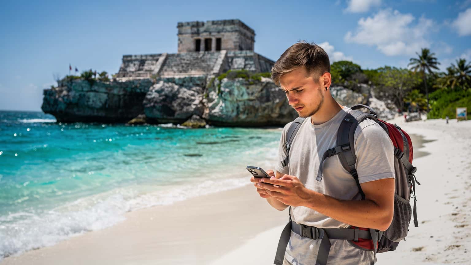 Młody polski podróżnik przegląda coś na telefonie na tle turkusowej wody i białego piasku plaży w Tulum, z ruinami Majów w oddali.