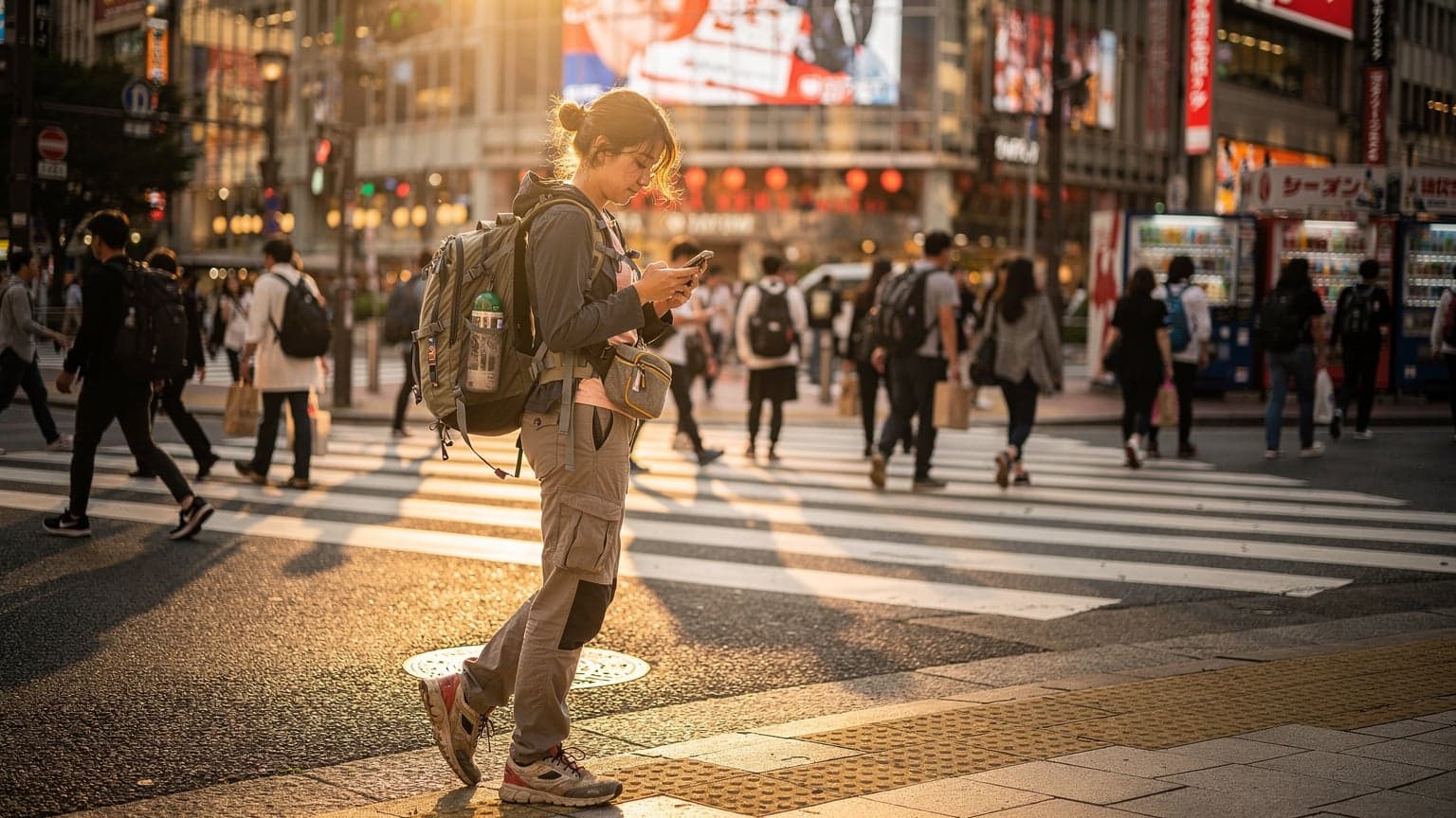 一名年輕的背包客在日本東京澀谷街頭,手持手機查看地圖,背景是熙熙攘攘的人群和五光十色的廣告牌,陽光透過建築物灑落,營造出充滿活力的都市氛圍。