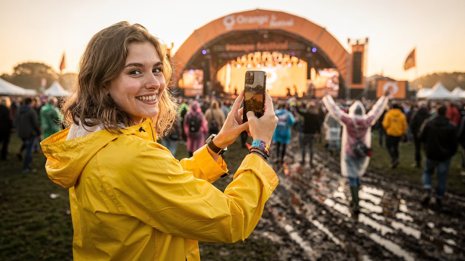 En ung kvinde i regnjakke smiler og holder en smartphone op for at tage et billede af Roskilde Festivals ikoniske Orange Scene i solnedgangens gyldne lys, mens publikum fester i baggrunden.