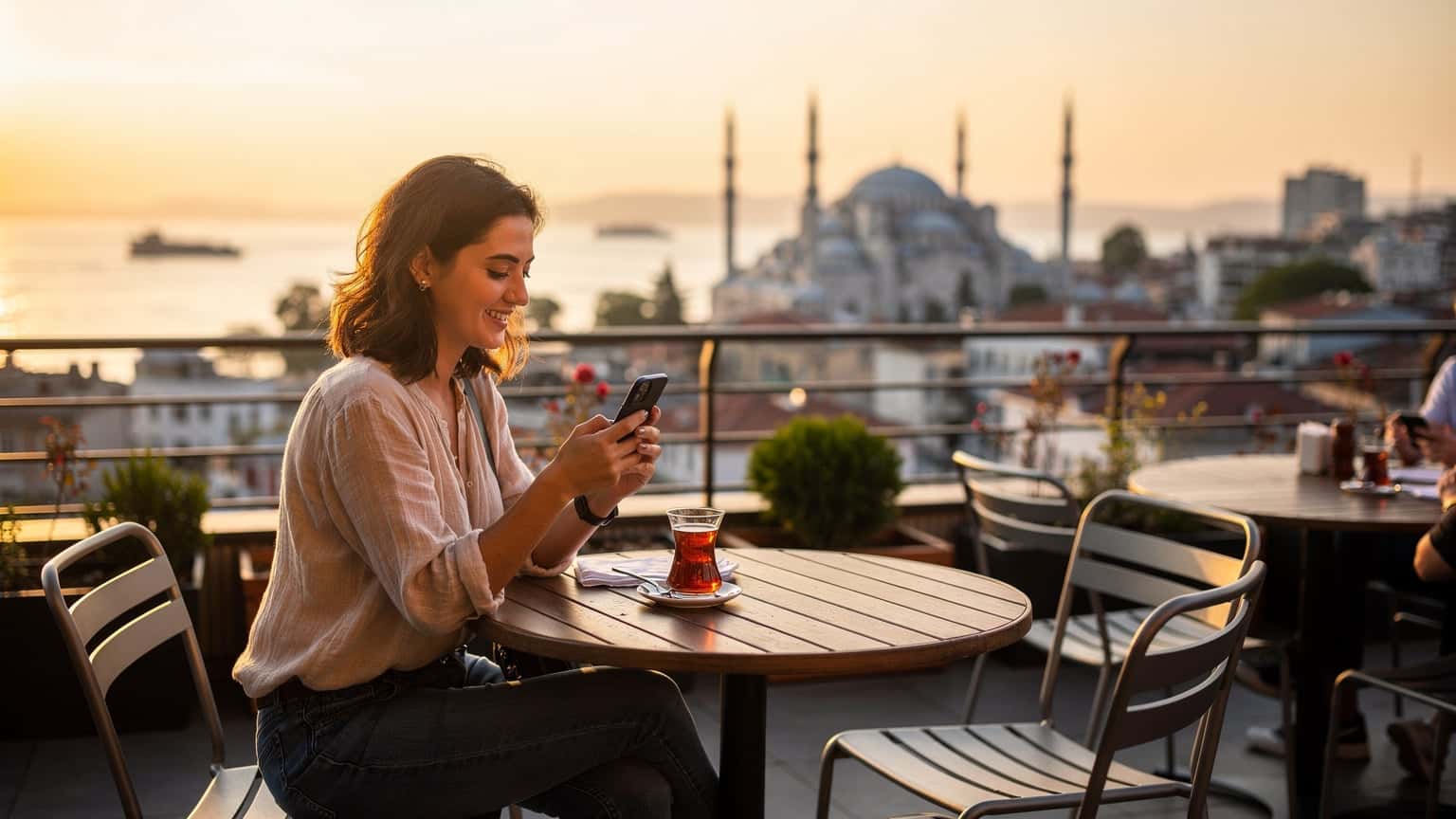 Una mujer sonriente, sentada en una terraza panorámica con vistas al Bósforo y la Mezquita Azul en Estambul, revisa su teléfono mientras toma un té turco.
