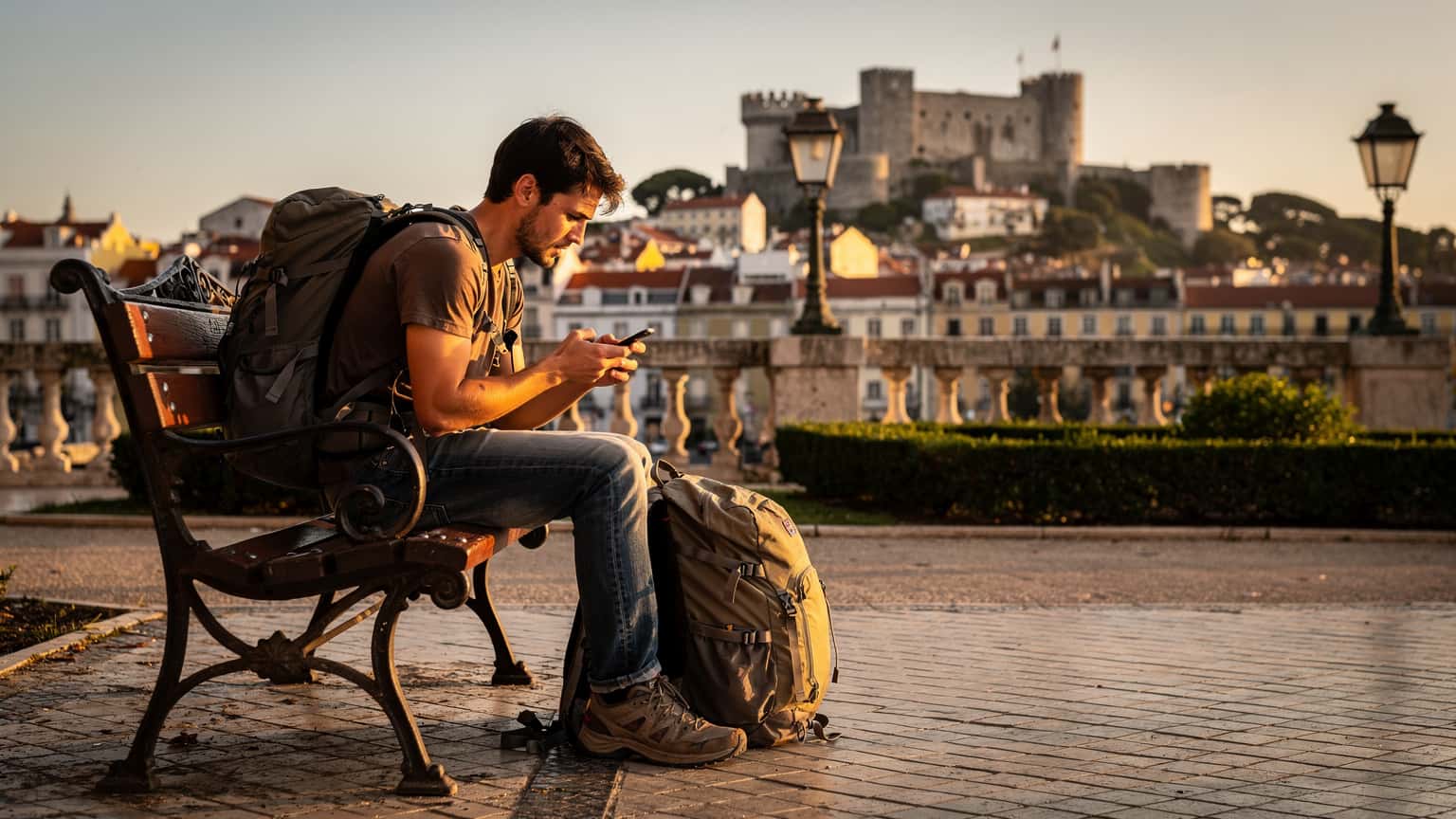 Um jovem mochileiro, com um grande saco às costas, verifica o seu telemóvel num banco de jardim no Miradouro de São Pedro de Alcântara, em Lisboa, com o Castelo de São Jorge ao fundo, sob uma luz dourada do final da tarde.
