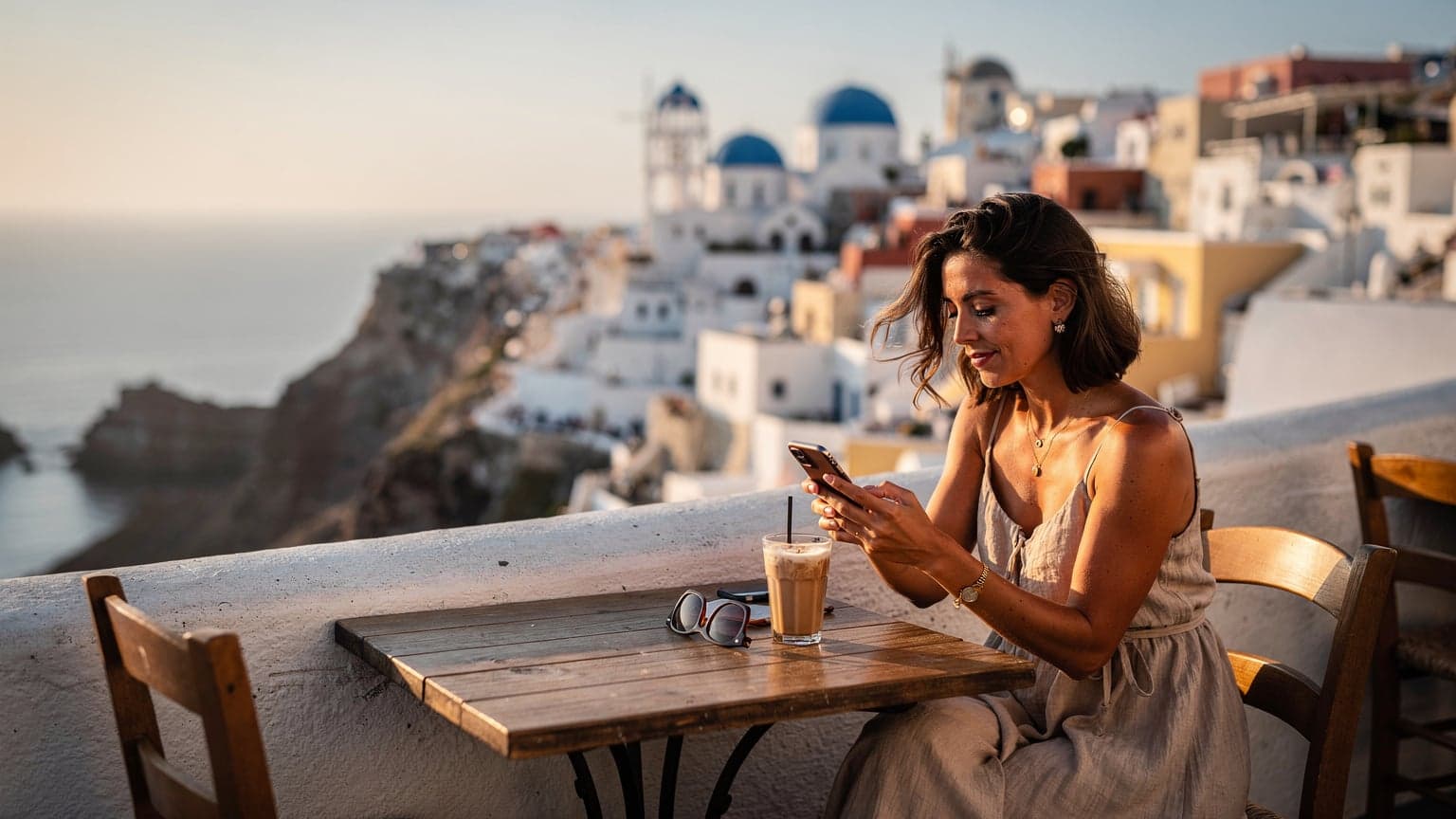 A woman uses her smartphone to check a map while sitting at an outdoor cafe overlooking the Aegean Sea in Santorini, Greece, with traditional white buildings and blue domes in the background.