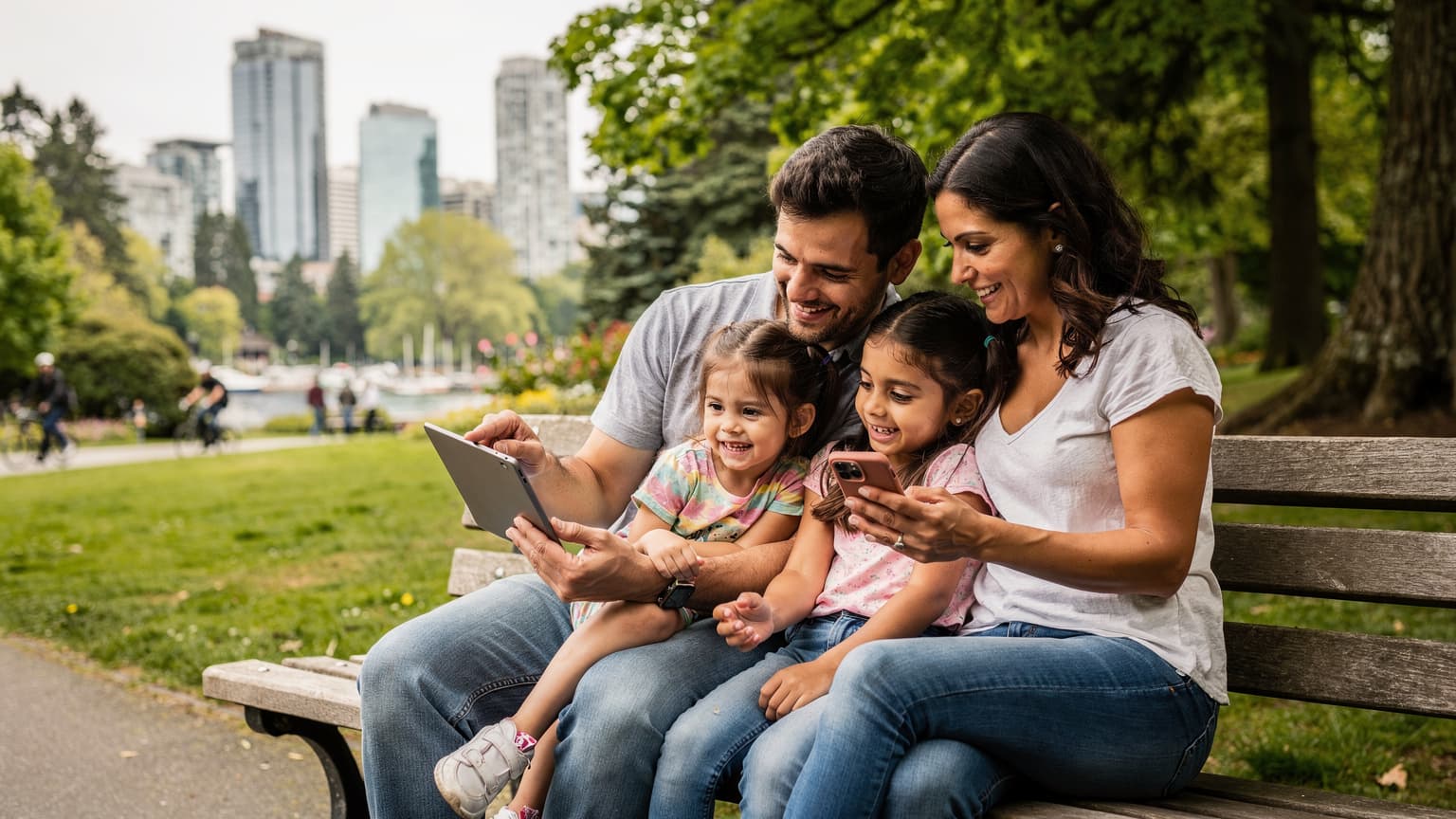 Uma família brasileira, pai, mãe e duas crianças, sentados em um banco de parque em Vancouver, Canadá, com o pai ajudando a filha mais nova a usar um tablet enquanto a mais velha olha para o celular da mãe, todos sorrindo e conectados.