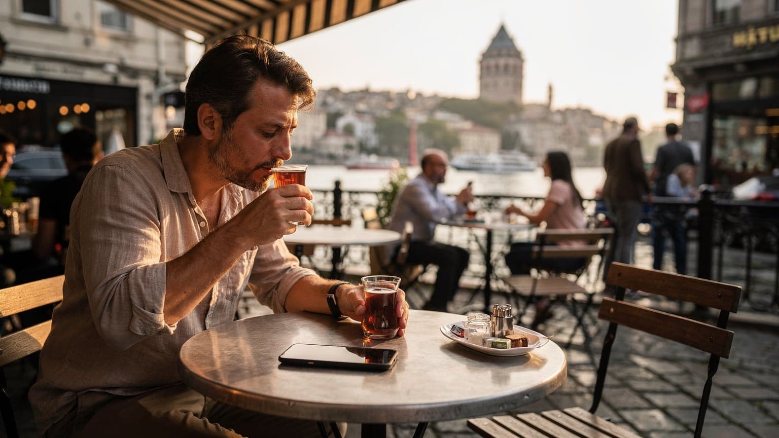 A seasoned digital nomad, mid-40s with a slight tan, sips Turkish tea at a bustling cafe in Istanbul's Karakoy district, a Cellesim-enabled phone resting beside a travel journal on a wooden table, with the Galata Tower visible in the softly blurred background.