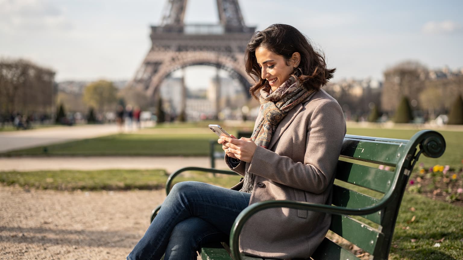 Une femme souriante consulte son téléphone sur un banc public, avec la Tour Eiffel en arrière-plan sous un ciel parisien clair.