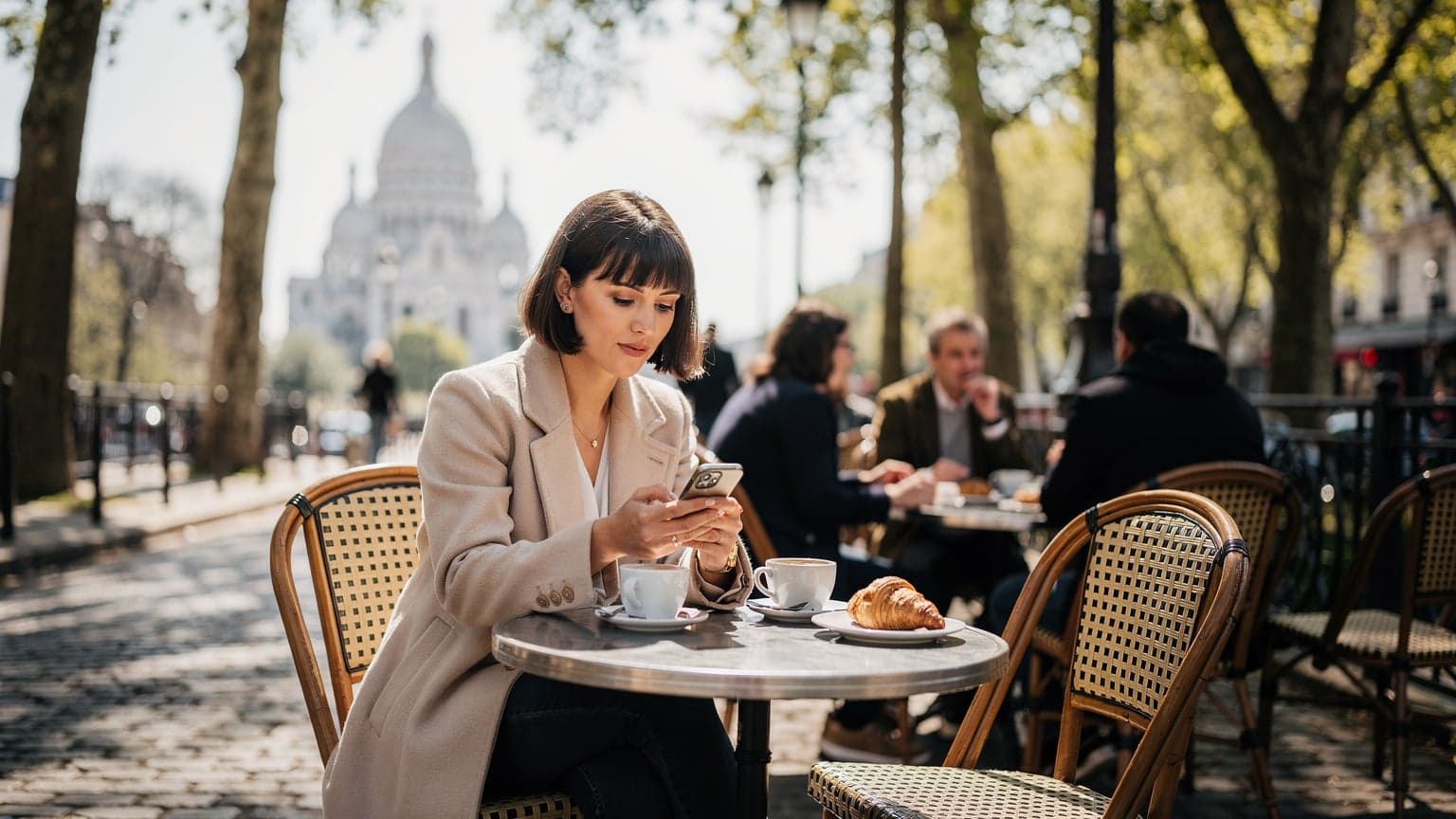 Une femme souriante, assise à la terrasse d'un café parisien typique, devant le Sacré-Cœur, consultant son smartphone avec aisance.