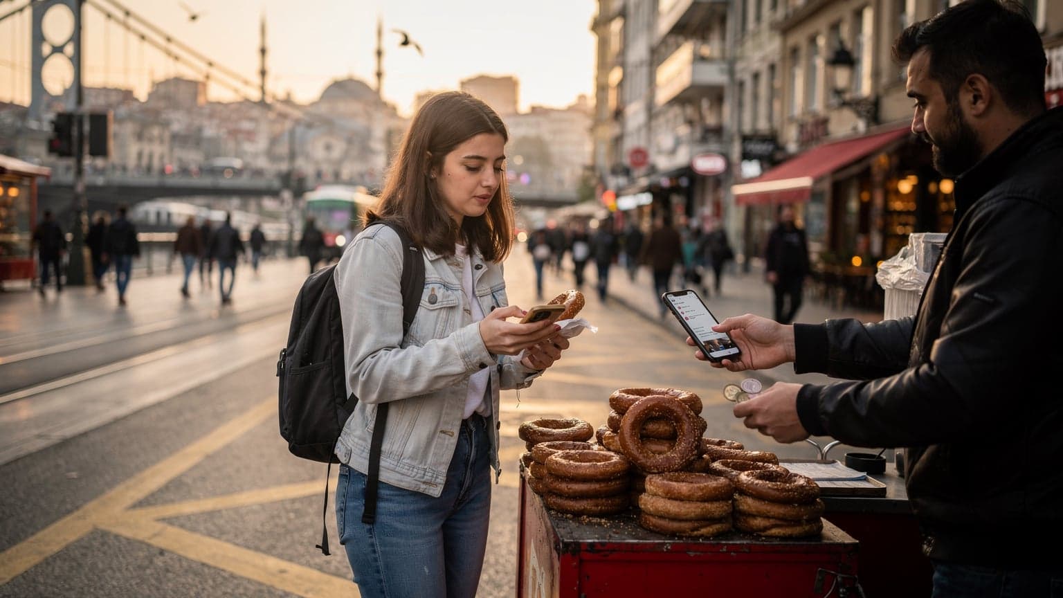 İstanbul'da bir seyyar satıcıdan simit alırken telefonundaki eSIM profilini kontrol eden genç bir kadın.