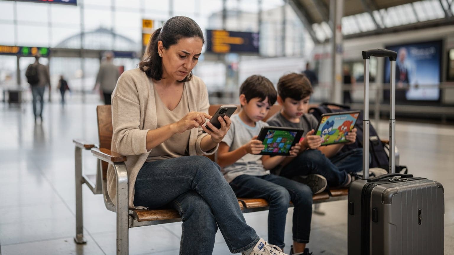 Bir anne, Avrupa'da bir tren garında, çocukları oyun oynarken telefonunda eSIM kurulumu yapmaya çalışıyor ve hafifçe kaşlarını çatmış, ekrana bakıyor.