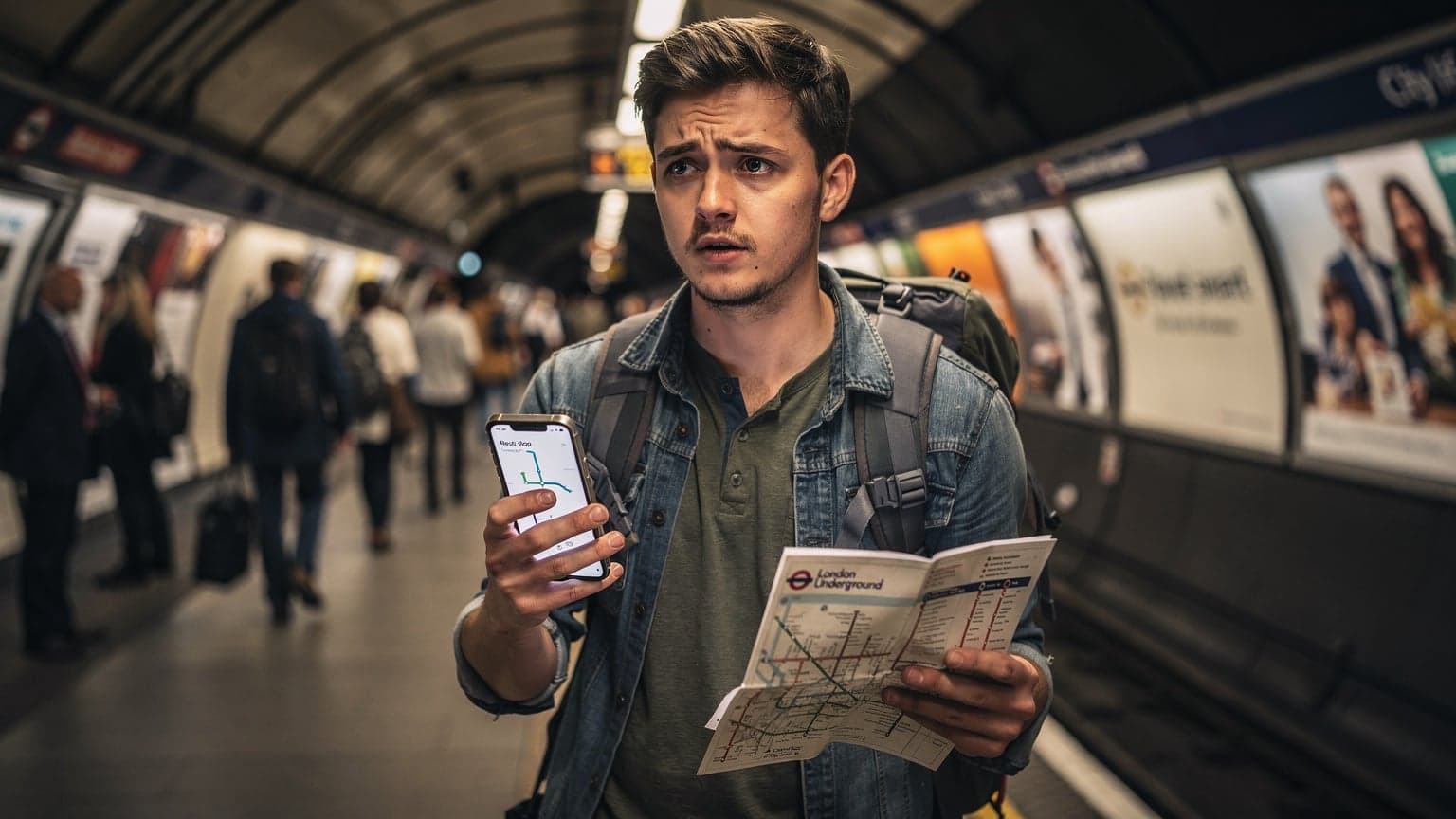 Ένας νεαρός ταξιδιώτης με ένα smartphone στο χέρι, κοιτάζει έναν χάρτη του μετρό του Λονδίνου, με το χαρακτηριστικό κόκκινο και μπλε λογότυπο του Tube στο βάθος.