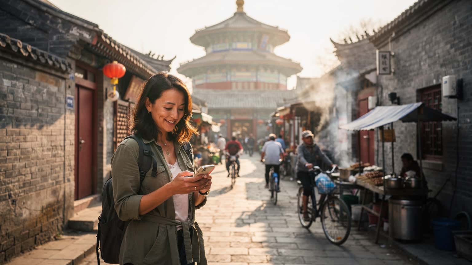 Een reizigster in de historische wijk Gulou in Beijing, lachend terwijl ze haar smartphone vasthoudt met een traditioneel Chinese trommeltoren op de achtergrond en lokale bewoners die langsfietsen.