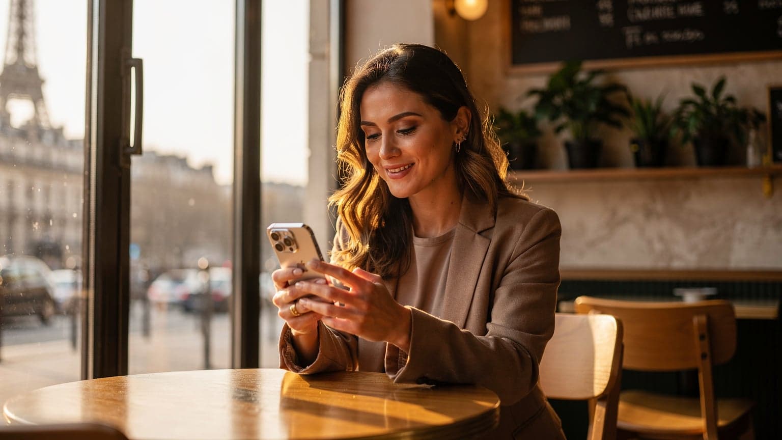 Une femme aux cheveux bruns, tenant un iPhone neuf, sourit légèrement en regardant l'écran dans un café parisien lumineux, avec la tour Eiffel visible au loin à travers une grande fenêtre, à l'heure dorée.