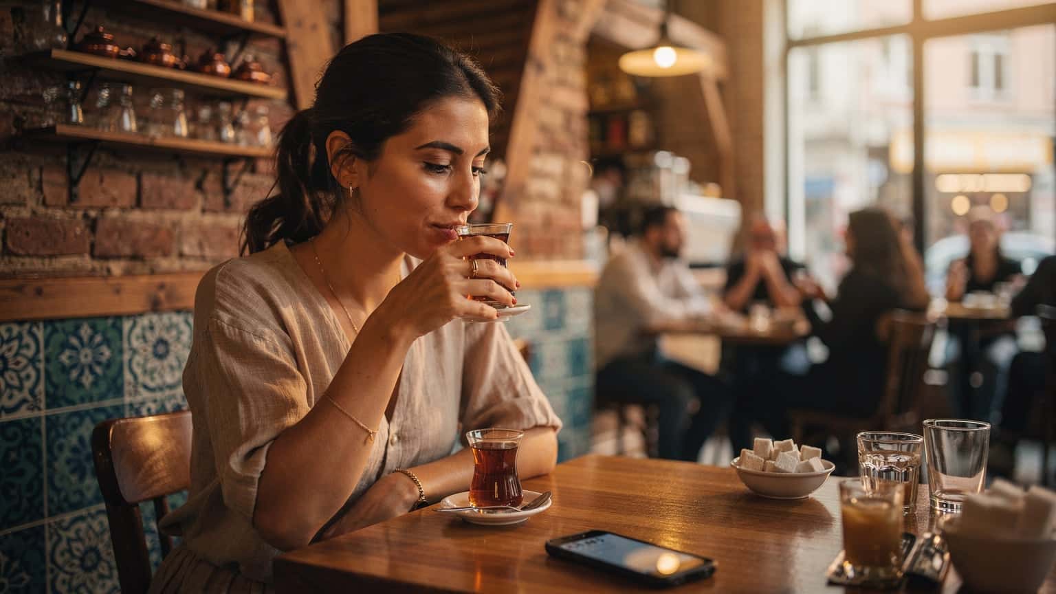 Eine Frau trinkt in einem belebten Café in Istanbul Tee, ihr Smartphone liegt neben einer türkischen Teeglas auf dem Tisch und zeigt eine aktive eSIM-Verbindung.