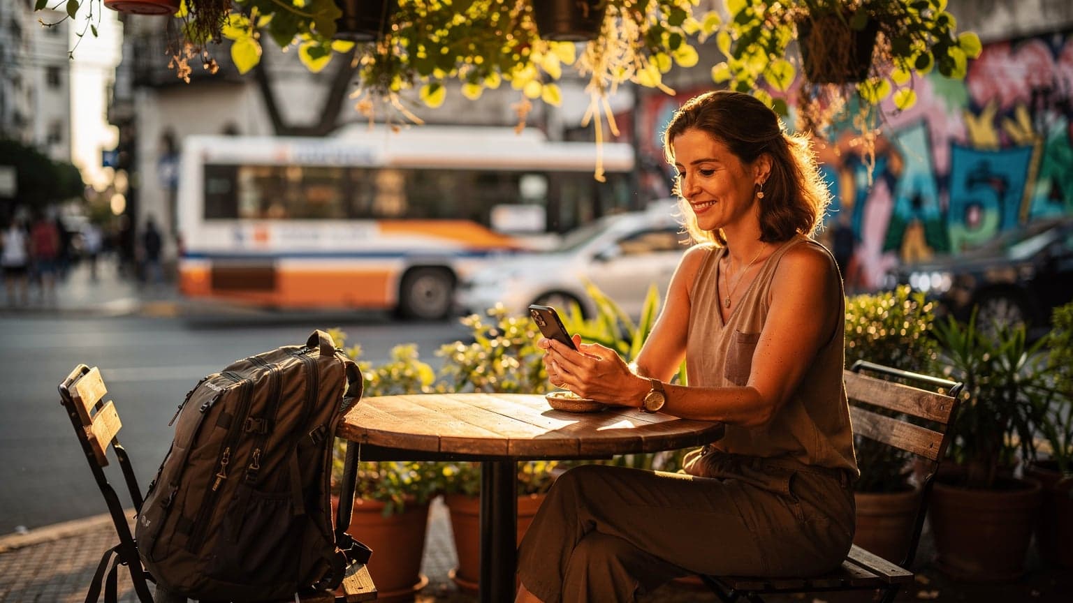 A woman confidently holds her iPhone, displaying the cellular settings screen, while sitting in a vibrant cafe in Buenos Aires, Argentina, with a view of the street life outside.