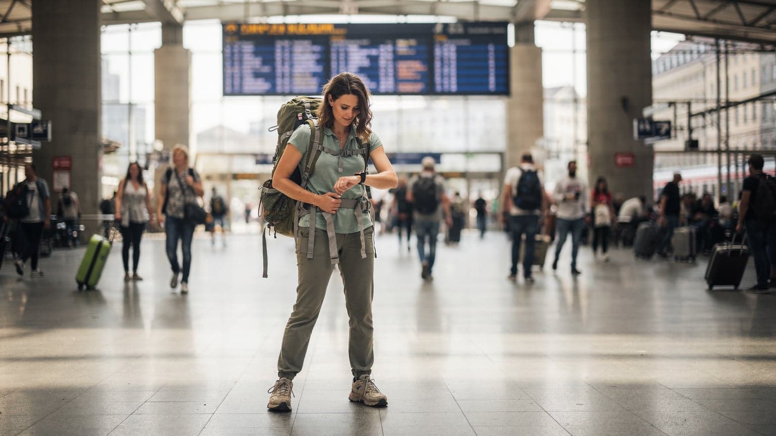 Eine Frau mit einer Apple Watch am Handgelenk checkt auf einem belebten Bahnhof in Berlin-Mitte, vermutlich am Hauptbahnhof, ihre Nachrichten, während ihr Rucksack neben ihr steht.