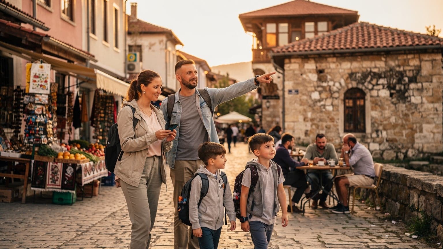 Eine Familie mit zwei Kindern, die auf einer lebhaften Straße in Pristina, Kosovo, unterwegs ist, während die Eltern auf ihre Smartphones schauen, um die Route zu überprüfen.