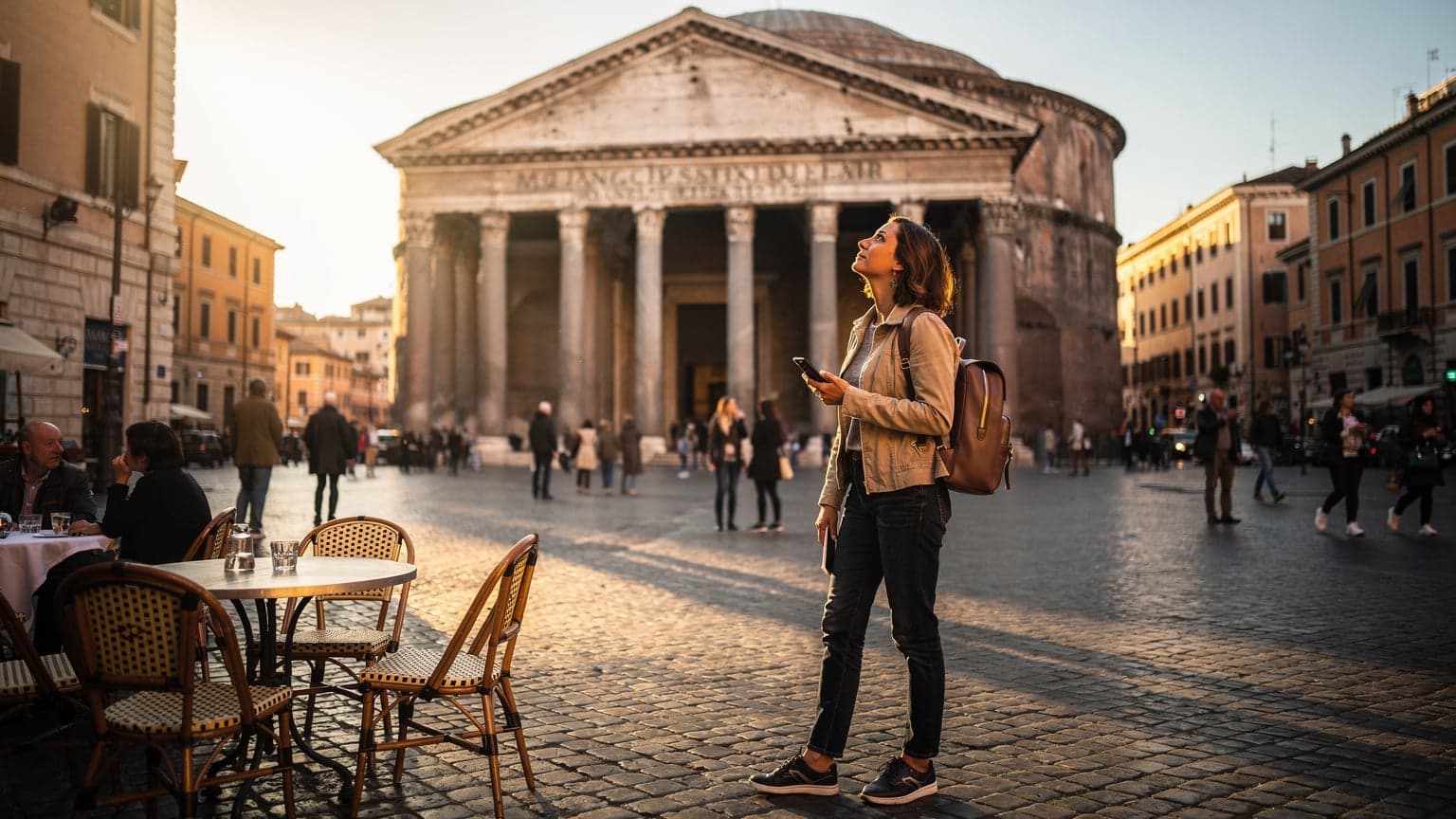 Een vrouw met een rugzak en een smartphone in de hand kijkt omhoog naar een historisch gebouw in het centrum van Rome, met de zonsondergang die de gevel in een gouden gloed zet.