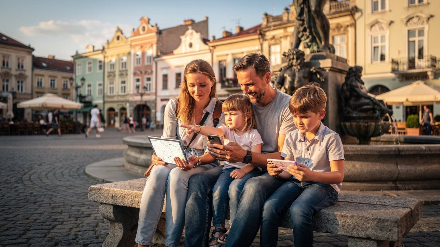 Сім'я з двома дітьми, батьки дивляться на планшет, дитина тримає телефон, сидячи на лавці біля фонтану на площі Ринок у Львові в сонячний день, фонтан Нептуна на задньому плані.