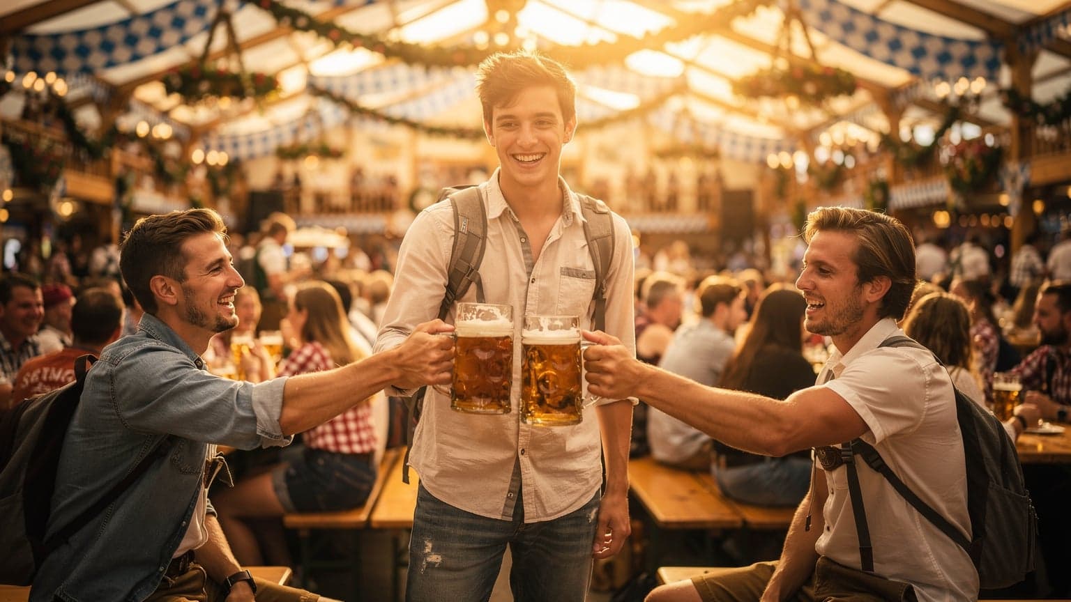 A young backpacker raises a stein of beer with friends at a bustling Oktoberfest tent in Munich, Germany, late afternoon.