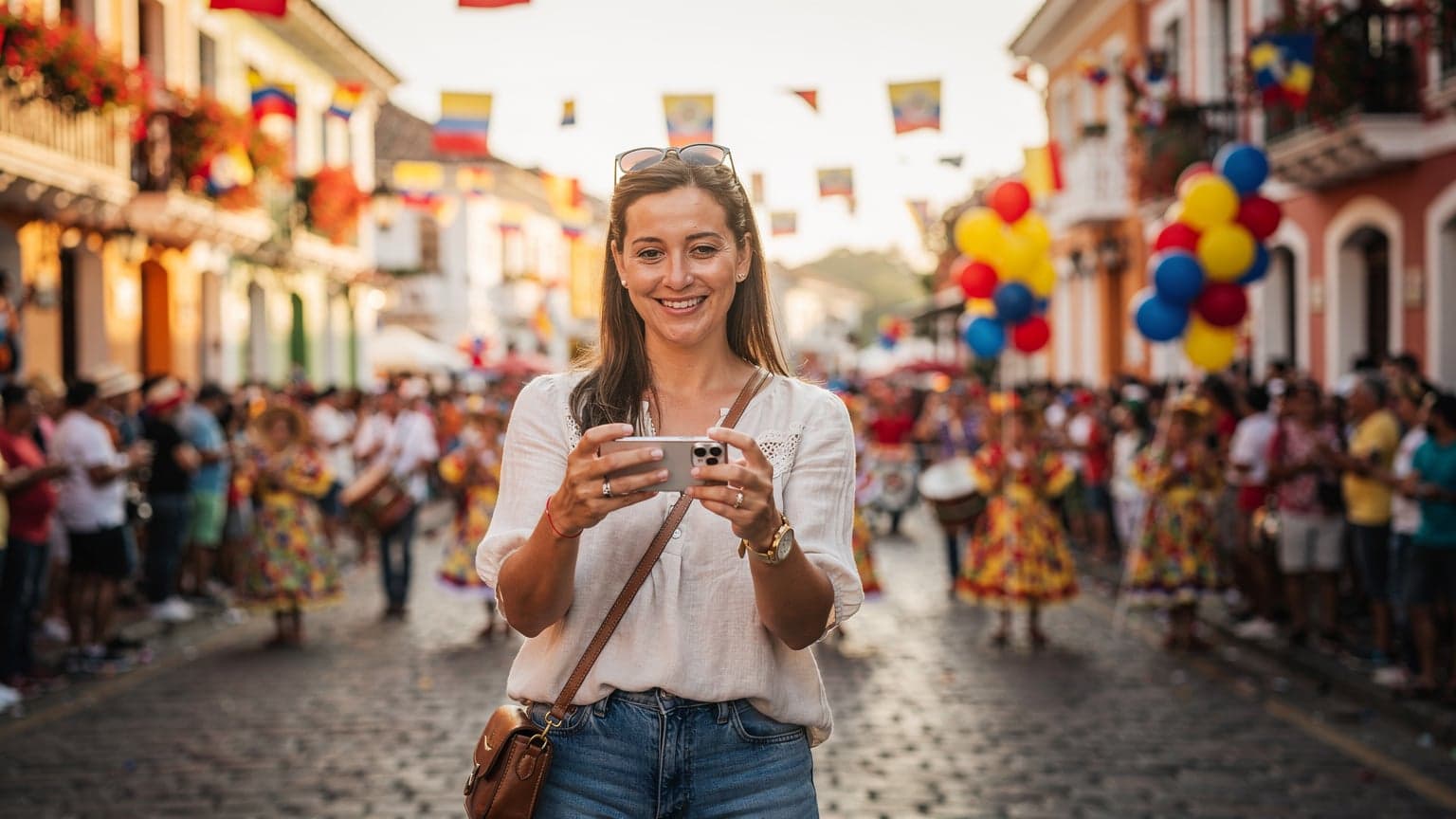 Una mujer sonriente, vestida con ropa casual de viaje, sostiene su teléfono mientras ve un desfile de Fiestas Patrias en una calle colorida de Cartagena de Indias, Colombia, con globos y banderas de fondo.