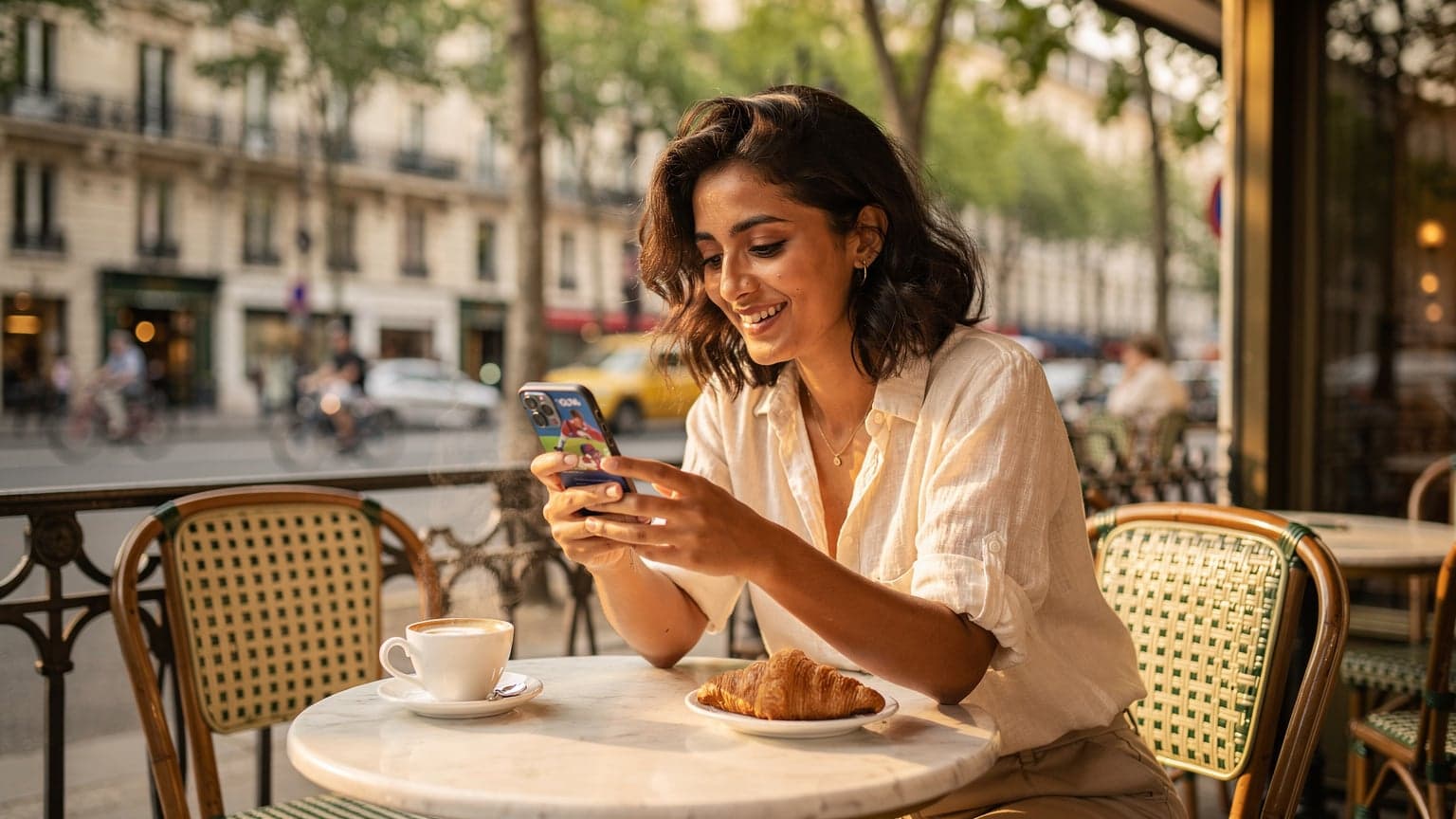 Paris'in Rue de Rivoli caddesinde, gün batımında bir kafenin terasında oturan, telefonunda Olimpiyat yayınlarını izleyen genç bir kadın.