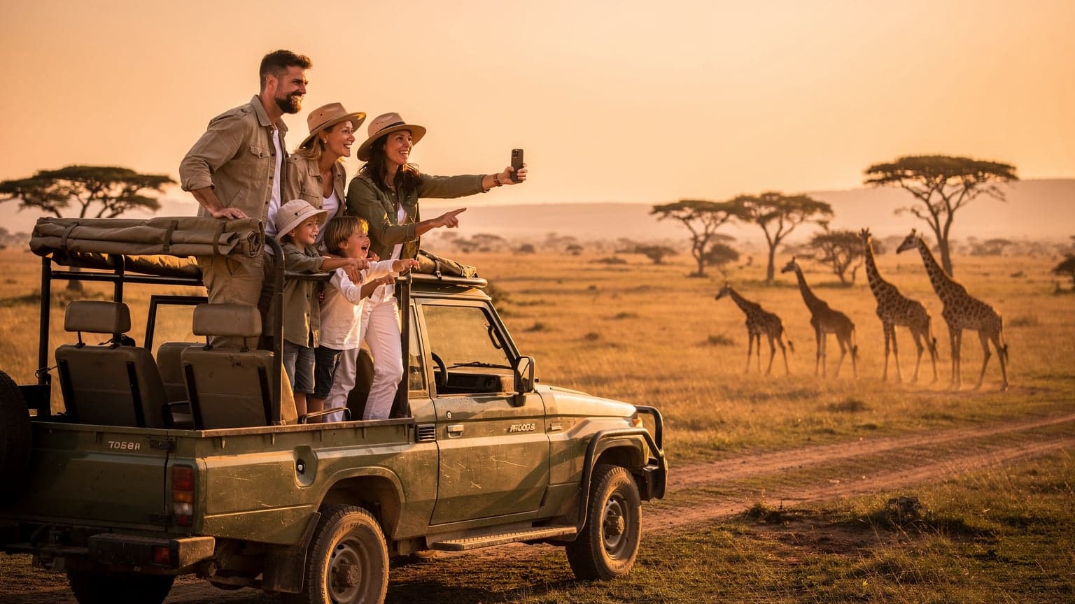 A family, two parents and two children, looking out from a safari vehicle across a vast savanna with giraffes in the distance, holding a smartphone with an eSIM notification.