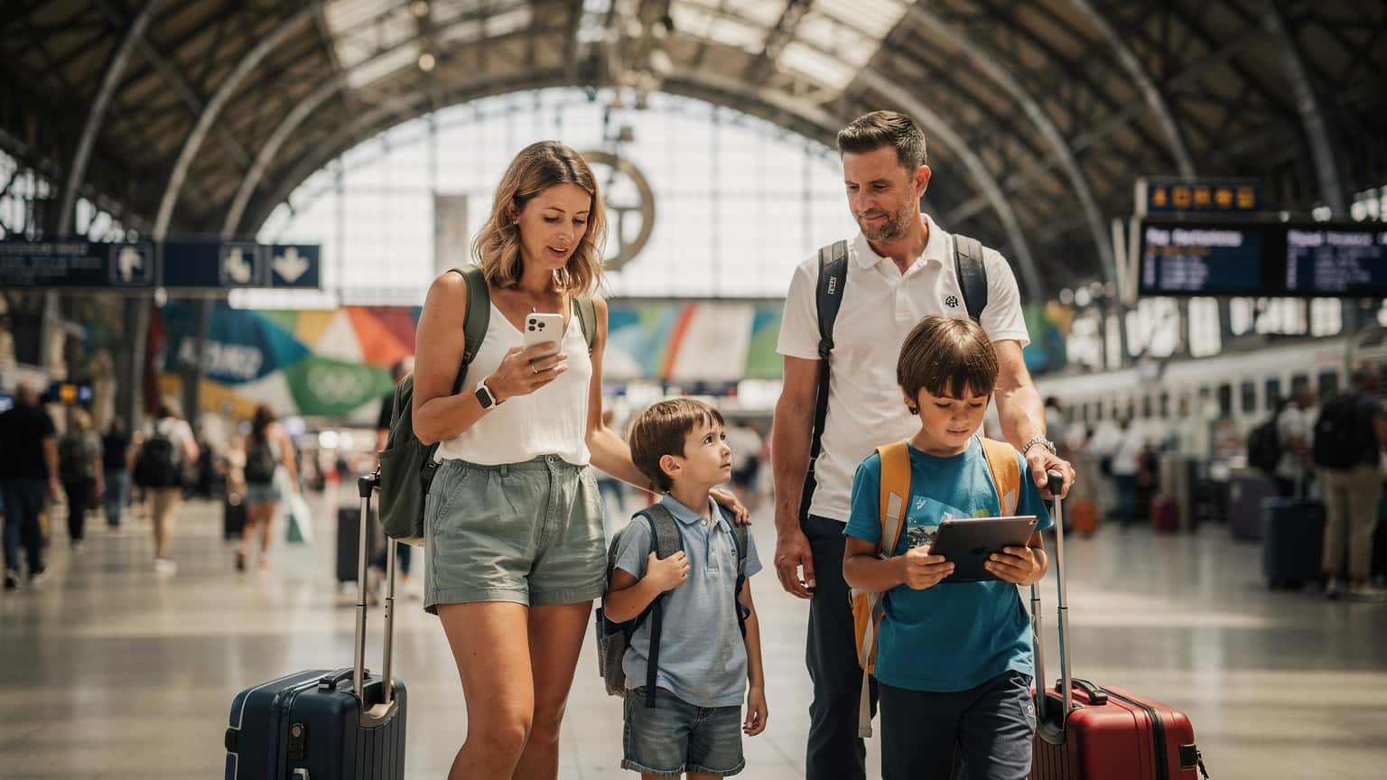 Une famille avec deux enfants, un iPad à la main, navigue dans une gare parisienne animée en période de Jeux Olympiques, consultant une carte sur un téléphone avec une connexion eSIM.