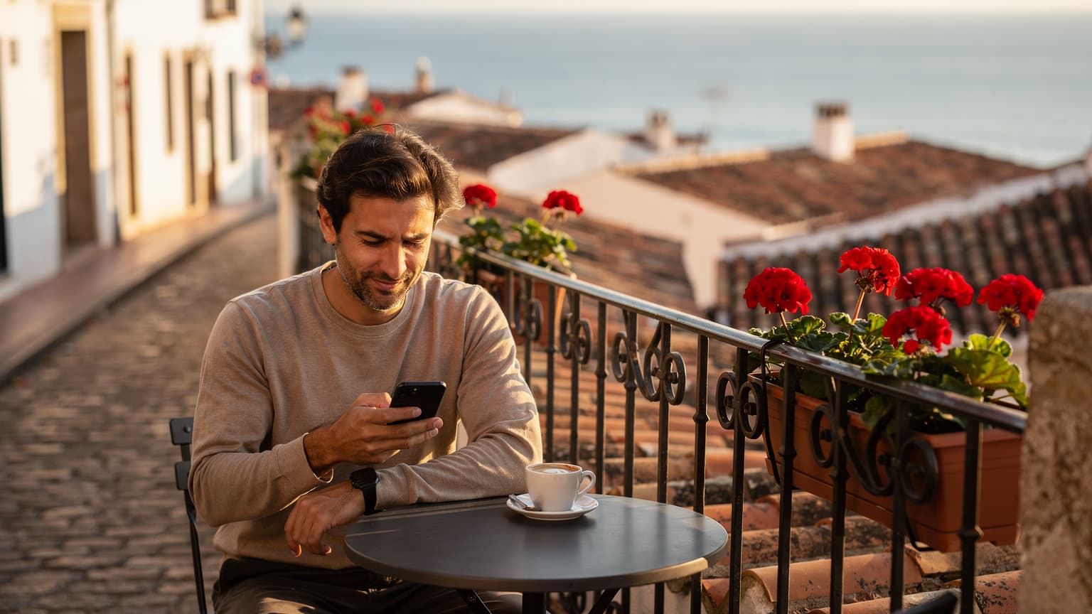 Una persona sentada en una terraza con vistas al mar Mediterráneo en la Costa Brava, mirando su teléfono móvil con una expresión de satisfacción, rodeada de macetas de geranios.