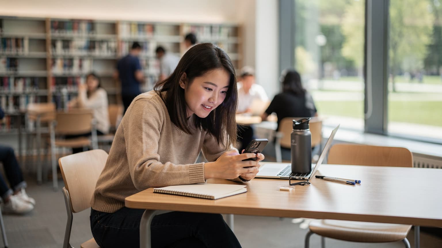 一名亚洲留学生在美国大学图书馆内使用智能手机连接eSIM上网,周围是现代化的学习环境。
