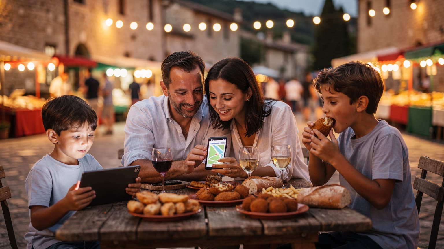 Una famiglia italiana, composta da due genitori e due bambini, seduta a un tavolo all'aperto durante una sagra di paese, con cibo locale e smartphone utilizzati per mostrare un percorso su mappa.
