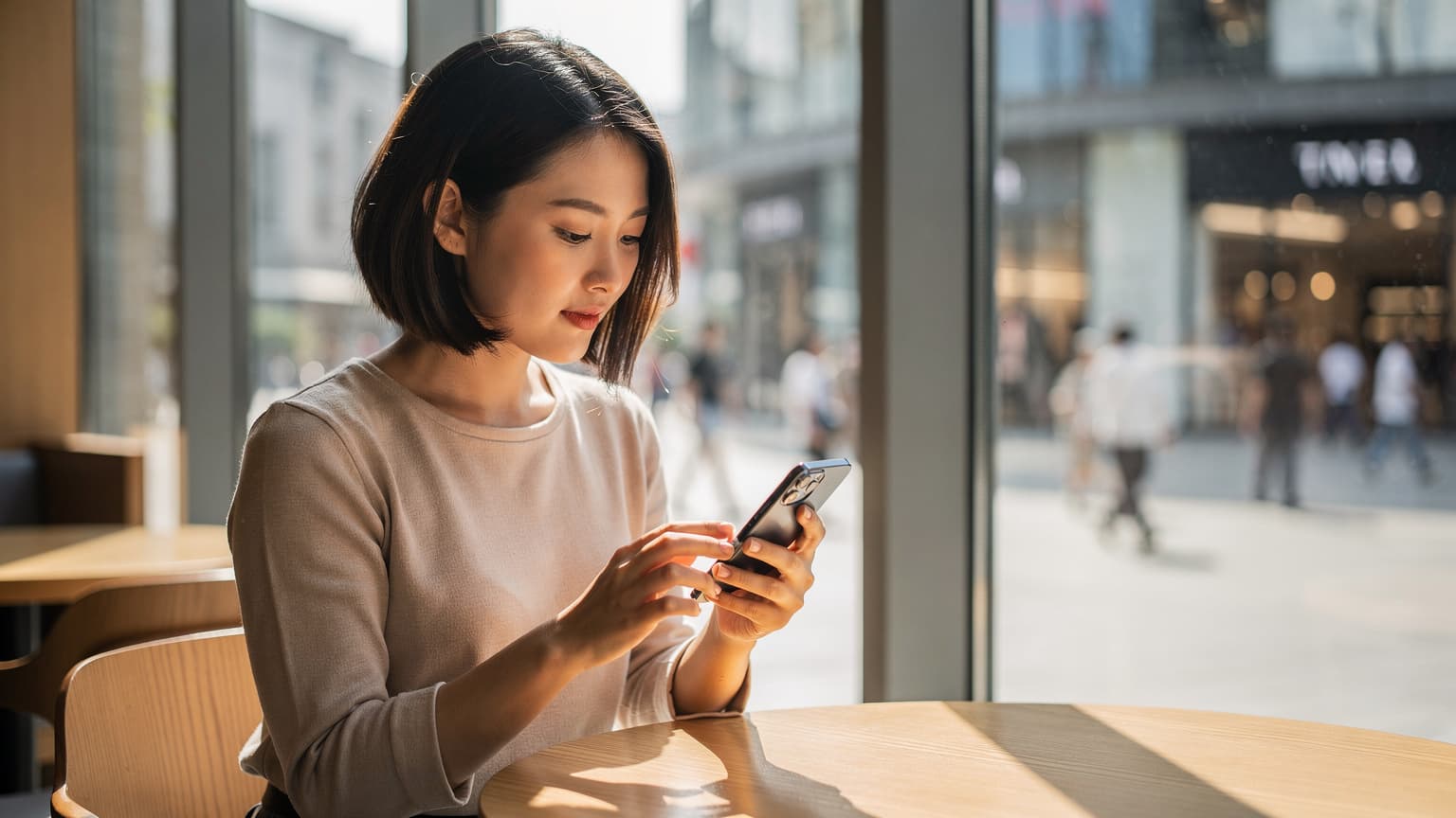 一位年輕女性在北京三里屯太古里一家咖啡館的窗邊,手持iPhone查看eSIM設置,桌上放著一本旅行筆記本和一杯熱茶。