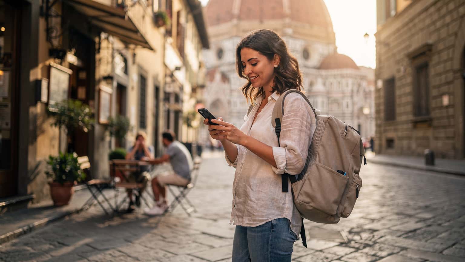 A woman confidently navigating her smartphone for directions while standing on a charming cobblestone street in Florence, Italy, with the Duomo visible in the background.