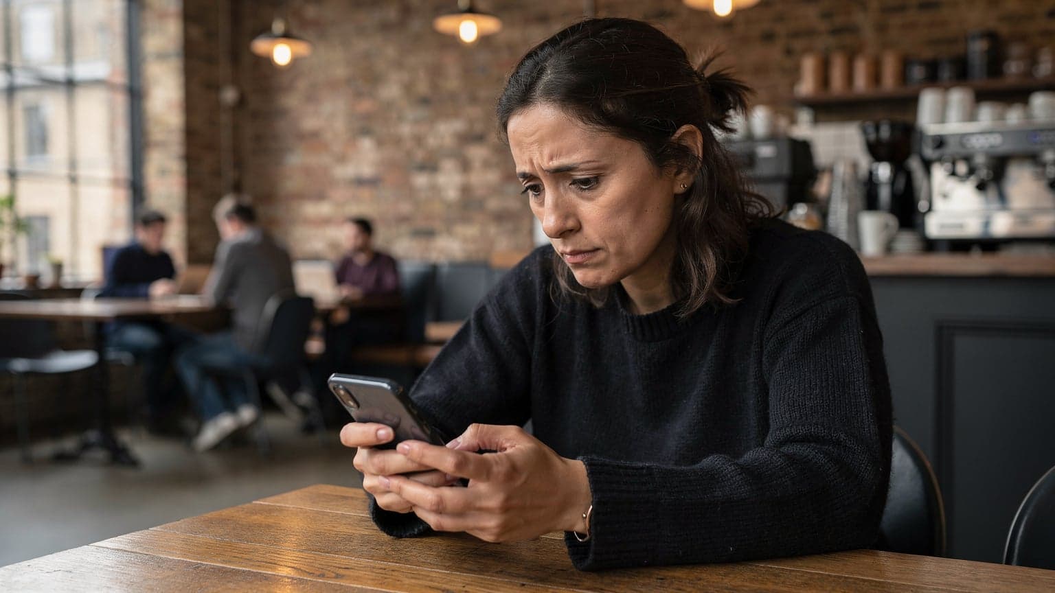 Una donna seduta a un tavolo in un caffè londinese, controlla il suo smartphone con uno sguardo leggermente perplesso, circondata da tazze di caffè e un quaderno aperto. La luce del mattino filtra da una grande finestra.
